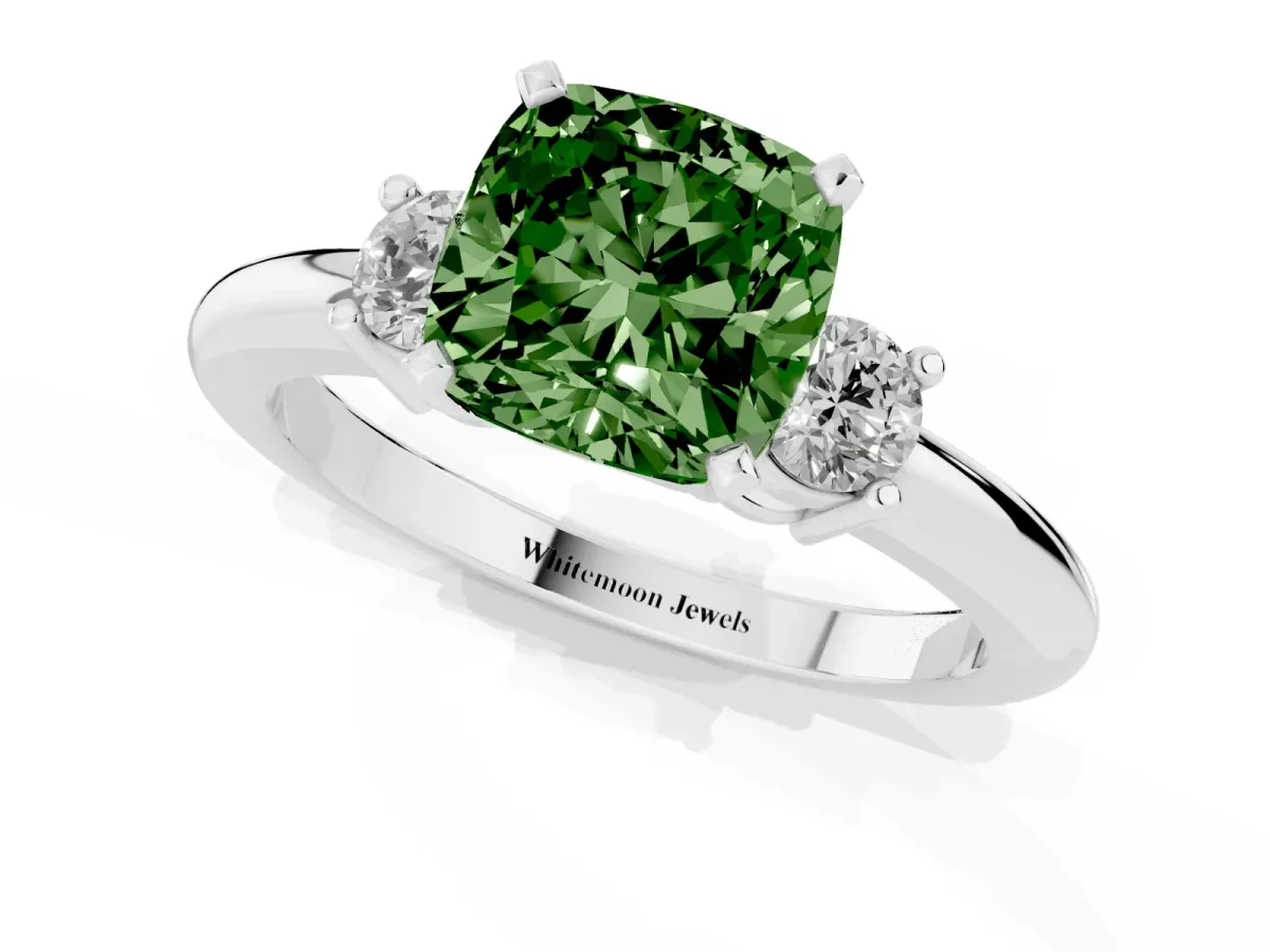 Fancy Green Three-Stone Cushion Cut Cut Diamond Solitaire with Prong Setting and Classic Band Silver