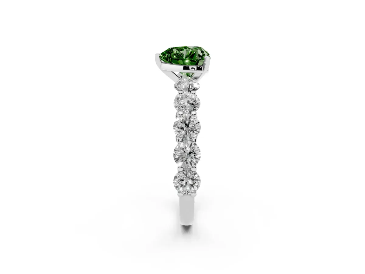 Fancy Green Heart Cut Diamond Prong Setting with Side Stones on a Pave Band White gold