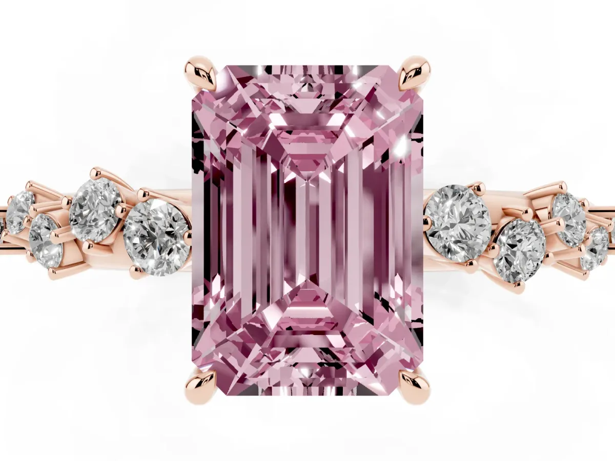 Fancy Pink Emerald Cut Diamond Cluster Side Stone Solitaire Ring with Prong Setting Rose gold