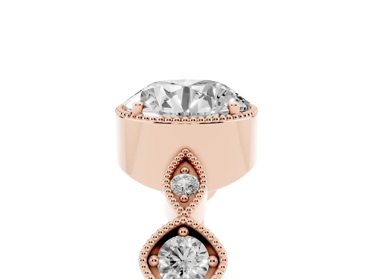 Round Cut Diamond Vintage Milgrain Ring with Round Stations Rose gold