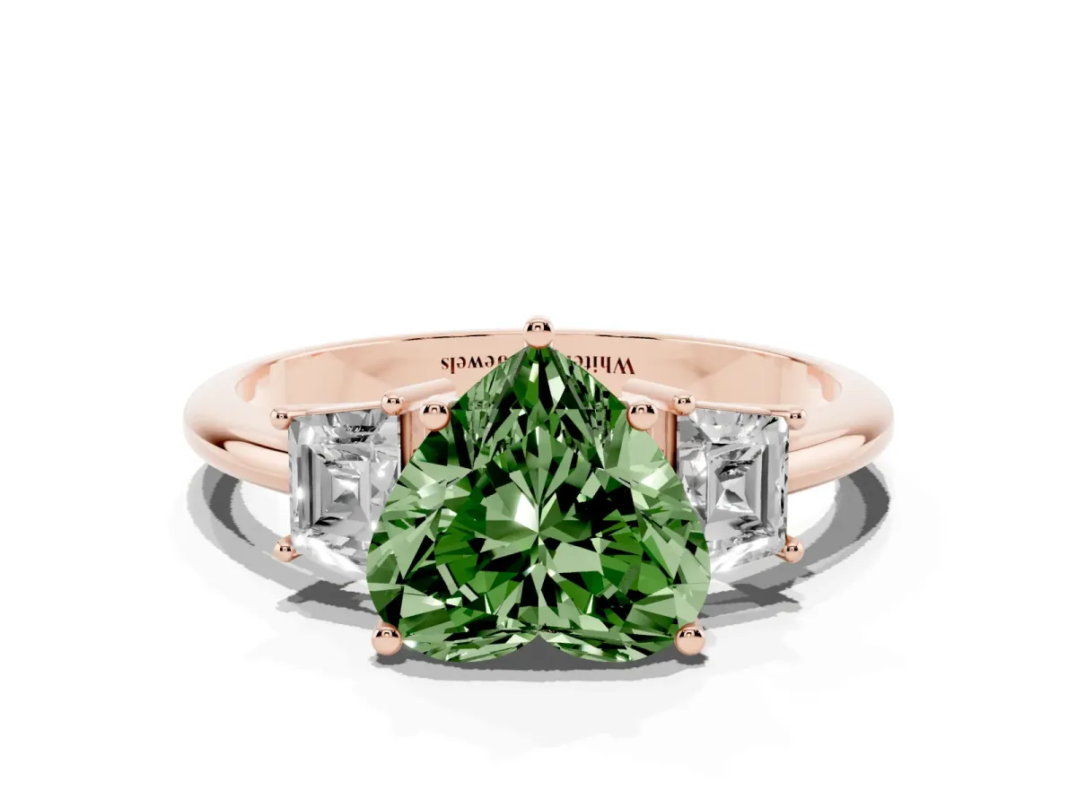 Fancy Green Heart Cut Diamond Three-Stone Ring with Trapezoid Side Stones and Prong Setting Rose gold