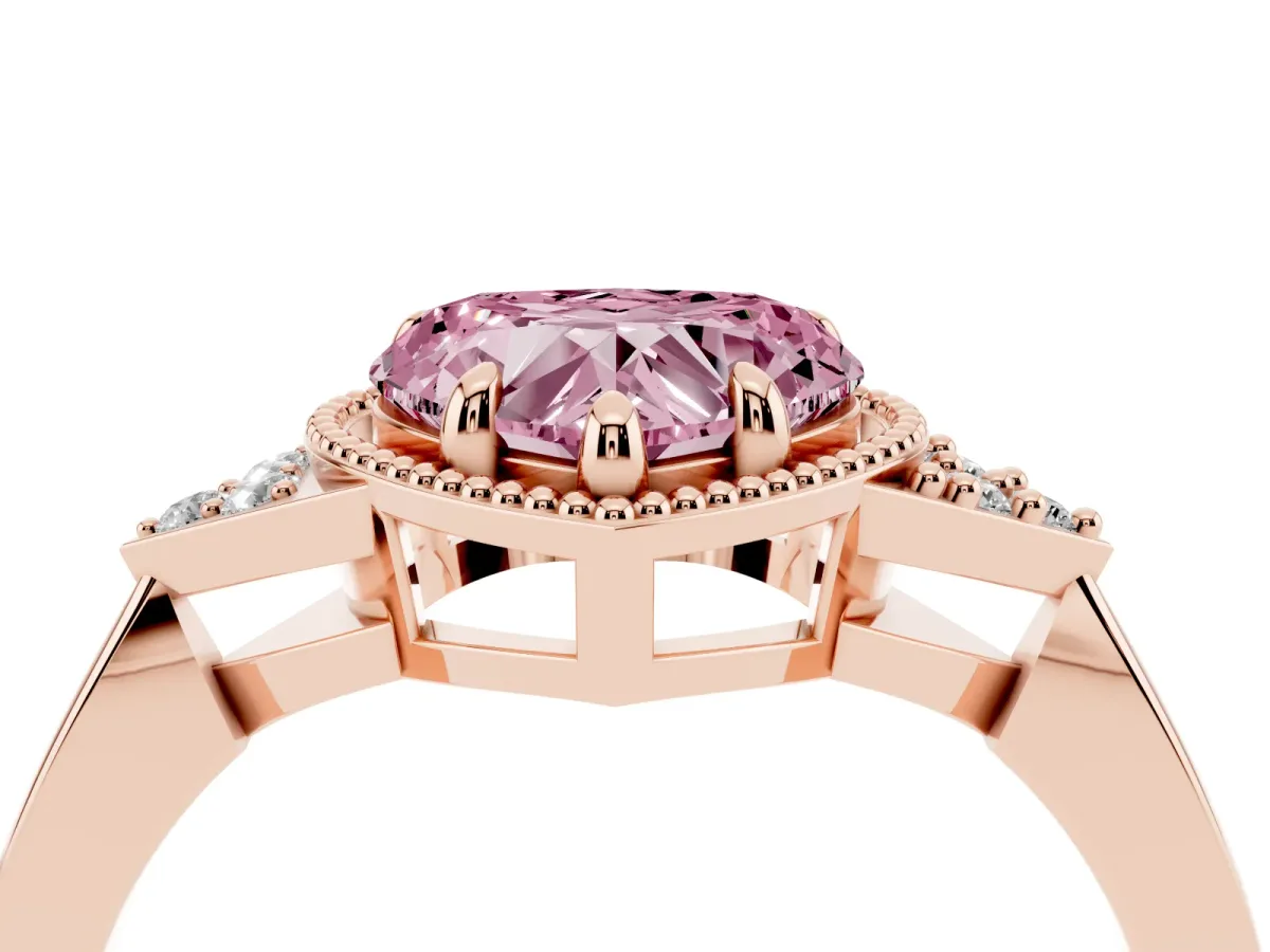 Fancy Pink Heart Cut Diamond Halo Ring with Tapered Band and Four-Prong Setting Rose gold