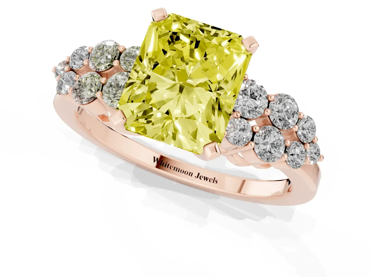 Fancy Yellow Radiant Cut Cluster Diamond Engagement Ring with Pavé Band and Four-Prong Setting Rose gold