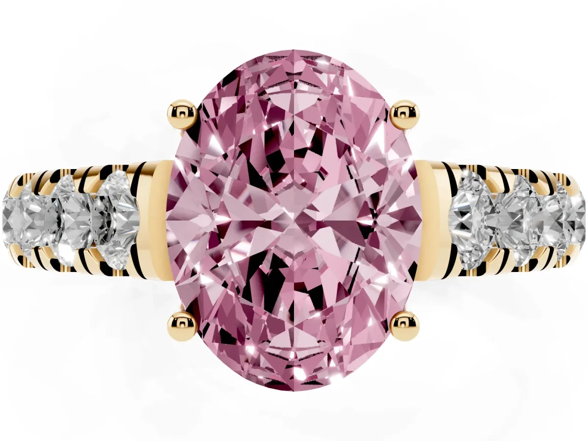 Fancy Pink Oval Cut Cut Diamond Solitaire Ring with Micro Pave Band and Prong Setting Yellow gold