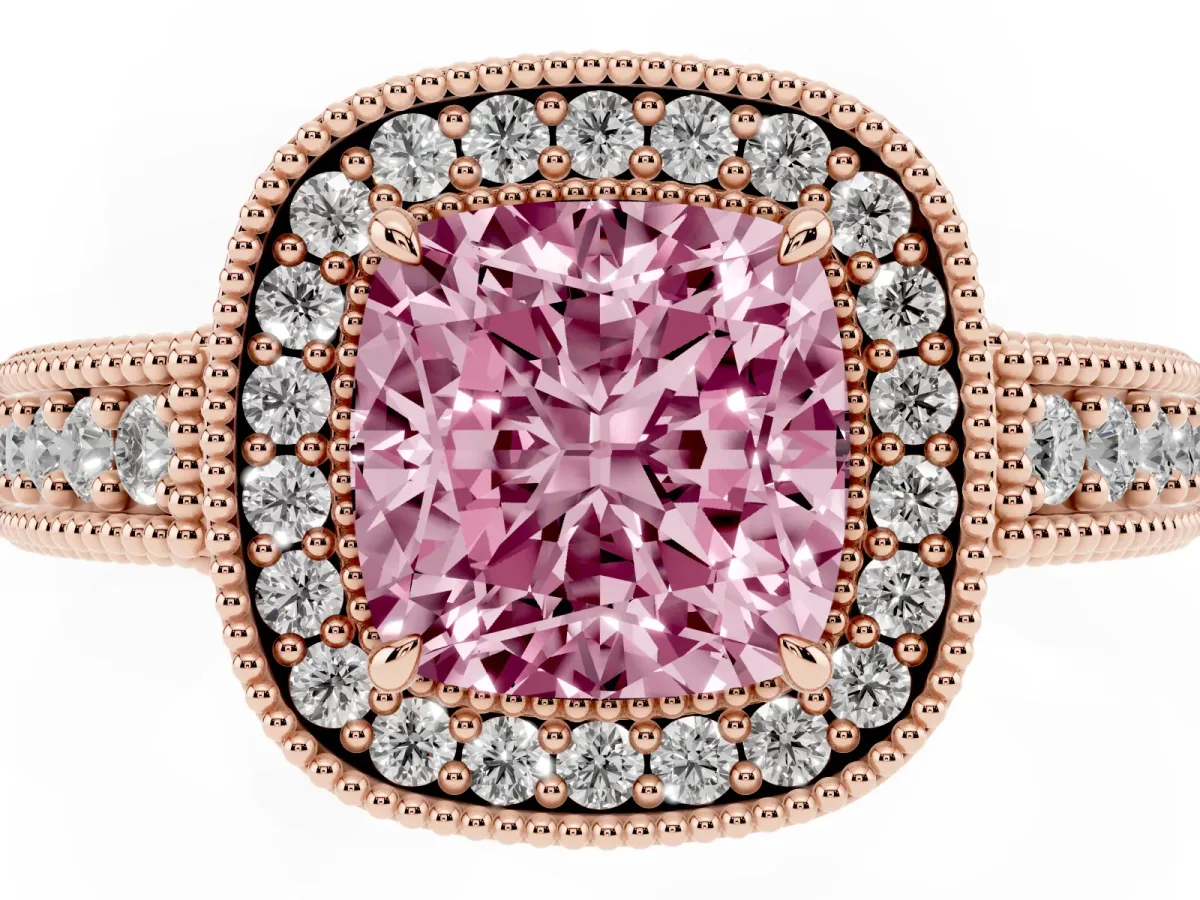 Fancy Pink Cushion Cut Cut Halo Diamond Ring with Pavé Band and Four-Prong Setting Rose gold