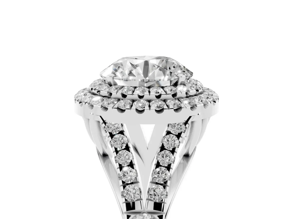 Round Cut Cut Double Halo Split Shank Diamond Ring with Prong Setting Silver