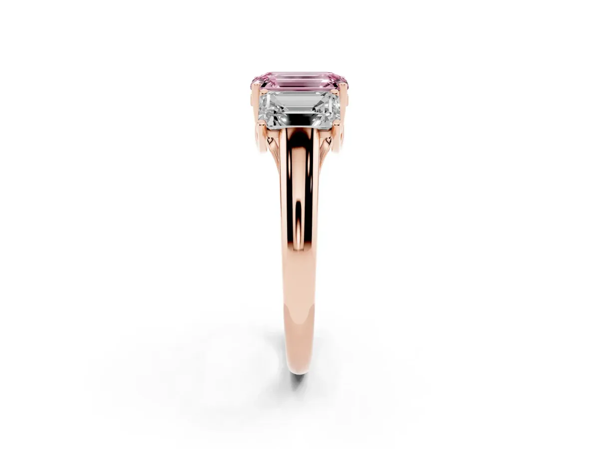 Fancy Pink Three-Stone Emerald Cut Diamond Engagement Ring with Prong Setting Rose gold