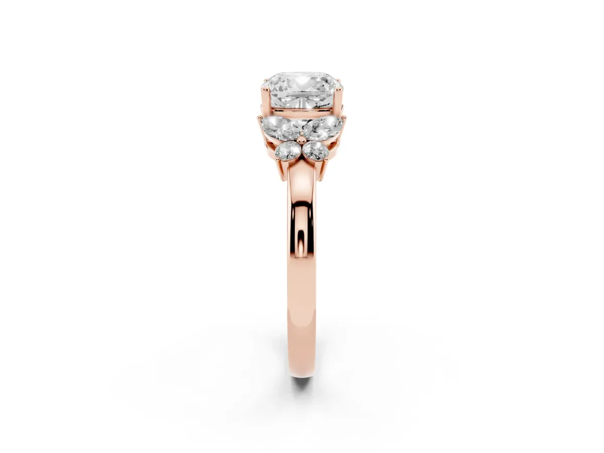 Cushion Cut Cut Solitaire Floral Diamond Ring with Four-Prong Setting Rose gold