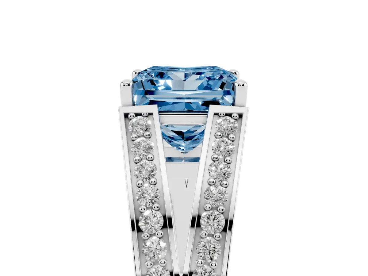 Fancy Blue Princess Cut Diamond Split Shank Ring with Pavé Band and Four-Prong Setting Platinum