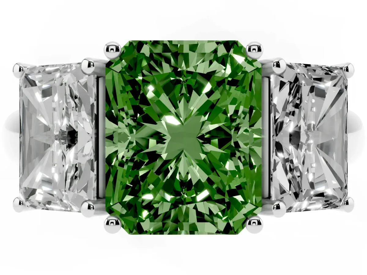 Fancy Green Three-Stone Radiant Cut Diamond Engagement Ring with Prong Setting White gold