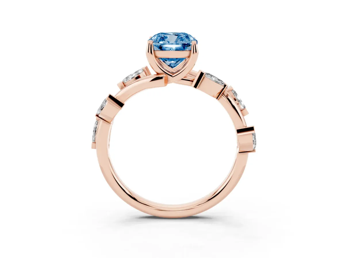 Fancy Blue Cushion Cut Solitaire Twisted Band Marquise Accent Prong Setting Ring Rose gold