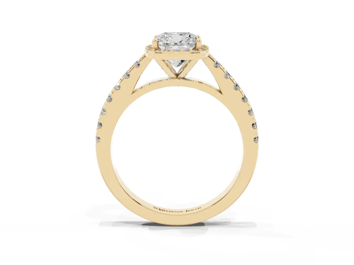 Cushion Cut Cut Halo Diamond Engagement Ring with Pave Band and Four-Prong Setting Yellow gold