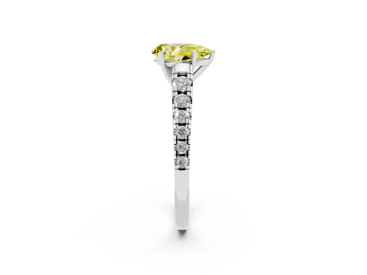 Fancy Yellow Pear Cut Diamond Cathedral Solitaire Ring with Round Pavé Band Silver
