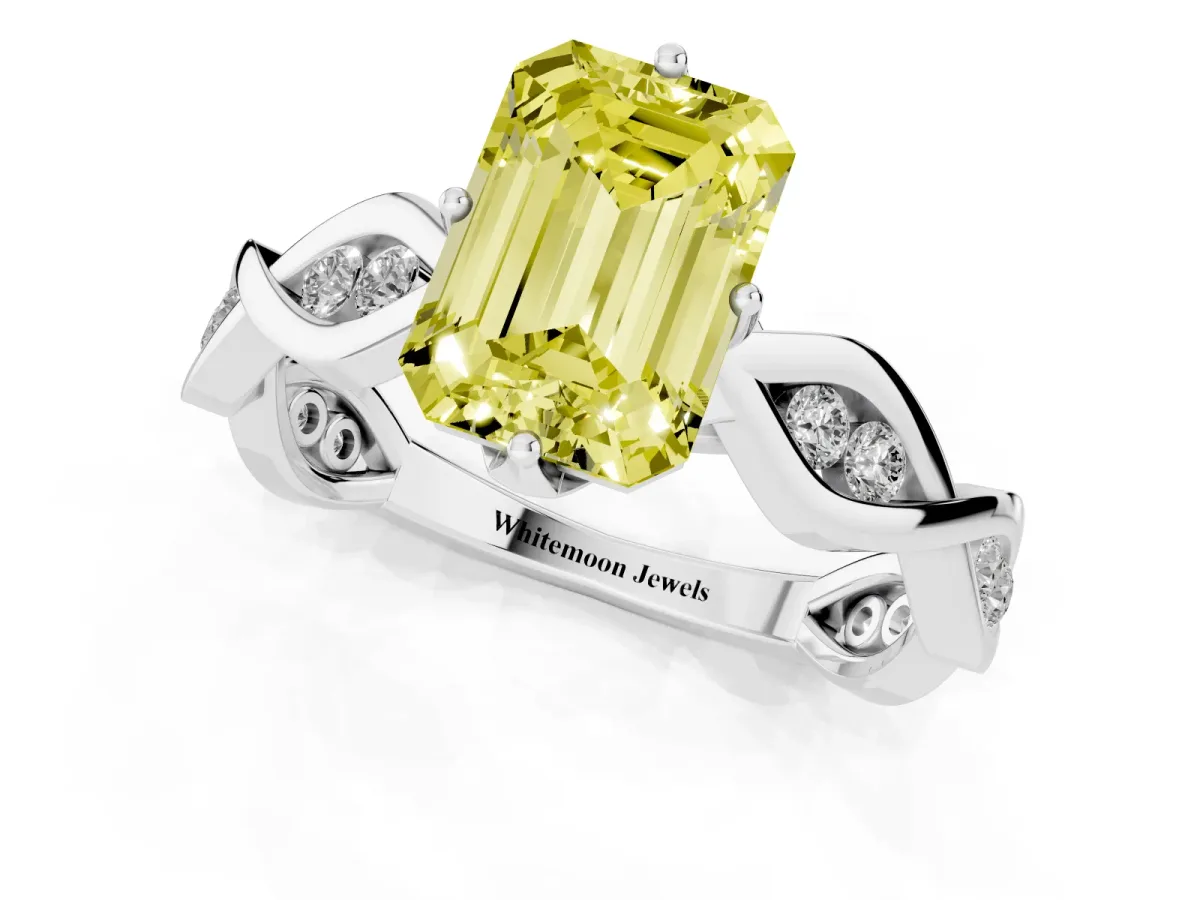 Fancy Yellow Emerald Cut Solitaire Twist Band with Leaf Prong Setting Platinum