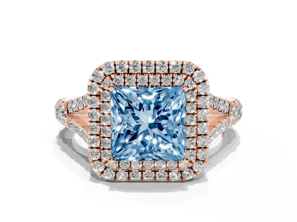 Fancy Blue Double Halo Princess Cut Diamond Split Shank Engagement Ring with Four-Prong Setting Rose gold