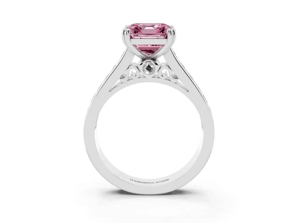 Fancy Pink Asscher Cut Cut Channel Set Solitaire Engagement Ring with Prong Setting Silver