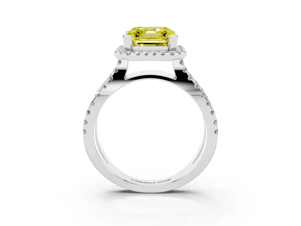 Fancy Yellow Asscher Cut Diamond Halo Ring with Split Shank Pavé Band and Prong Setting Silver