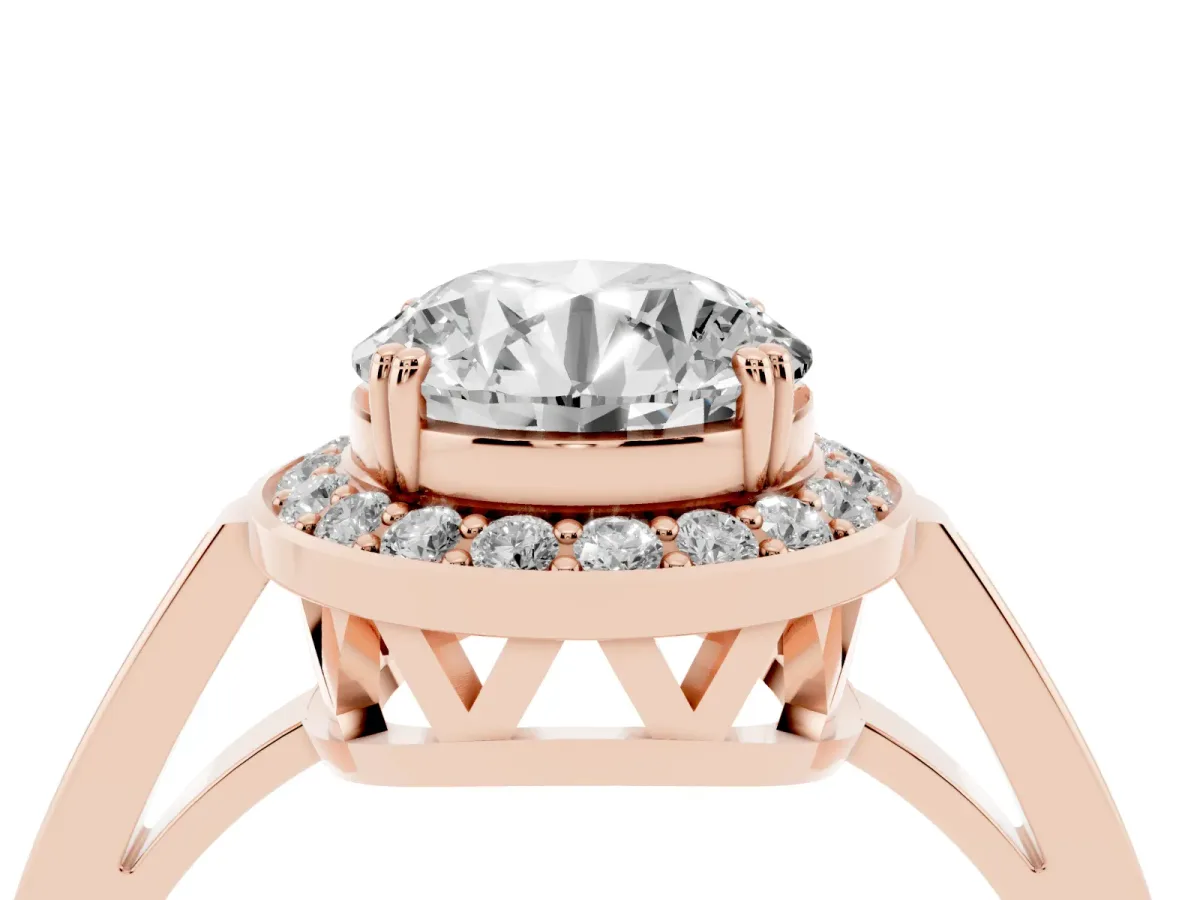 Round Cut Diamond Halo Ring with Split Shank and Four-Prong Setting Rose gold