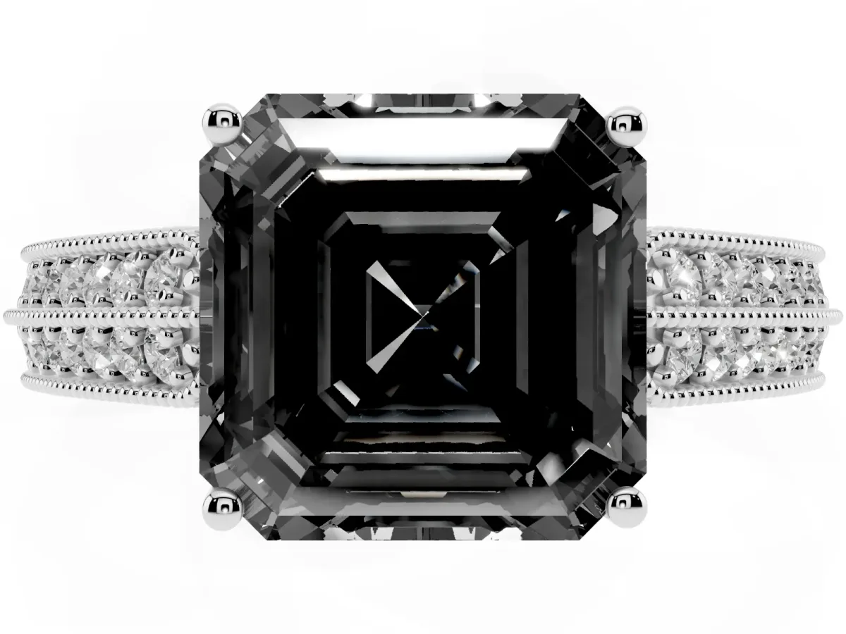 Fancy Black Asscher Cut Cut Pave Split Shank Engagement Ring with Four-Prong Setting White gold