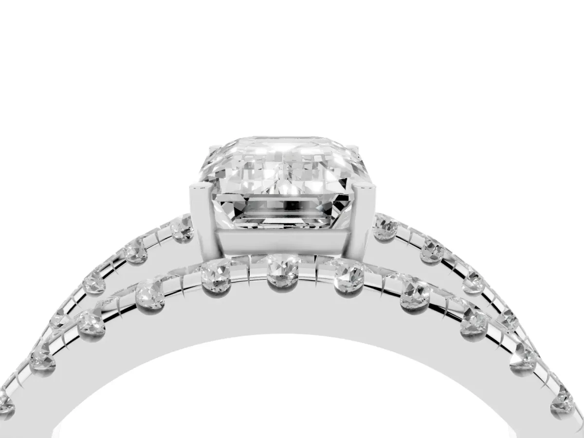 Emerald Cut Solitaire Split Shank Pave Diamond Ring Silver