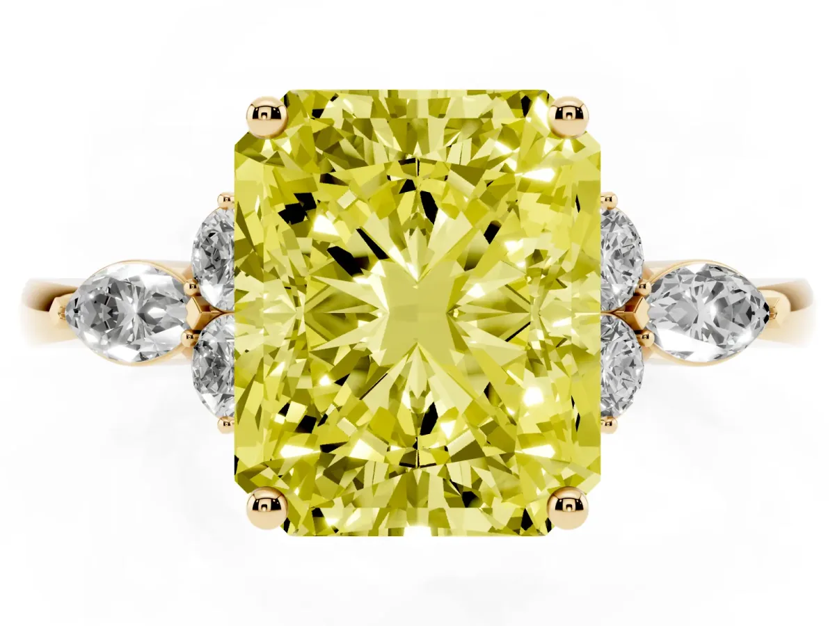 Fancy Yellow Radiant Cut Brilliant Diamond Solitaire Ring with Pear Side Stones and Four-Prong Setting Yellow gold