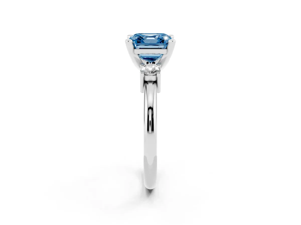 Fancy Blue Three-Stone Asscher Cut Cut Diamond Solitaire with Prong Setting and Classic Band Silver