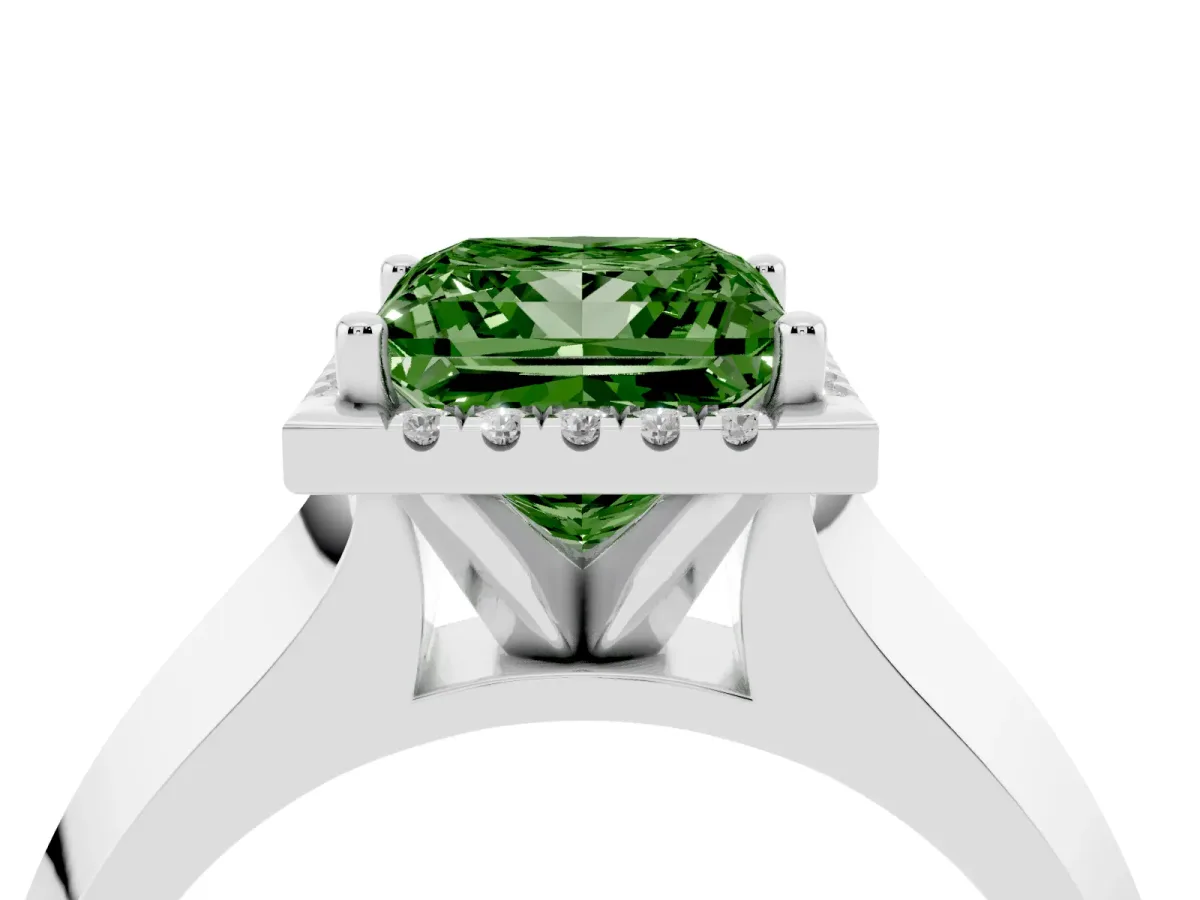 Fancy Green Princess Cut Halo Diamond Ring with Cathedral Band and Four-Prong Setting White gold