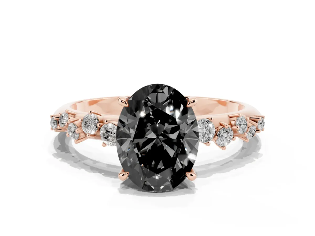 Fancy Black Oval Cut Diamond Cluster Side Stone Solitaire Ring with Prong Setting Rose gold