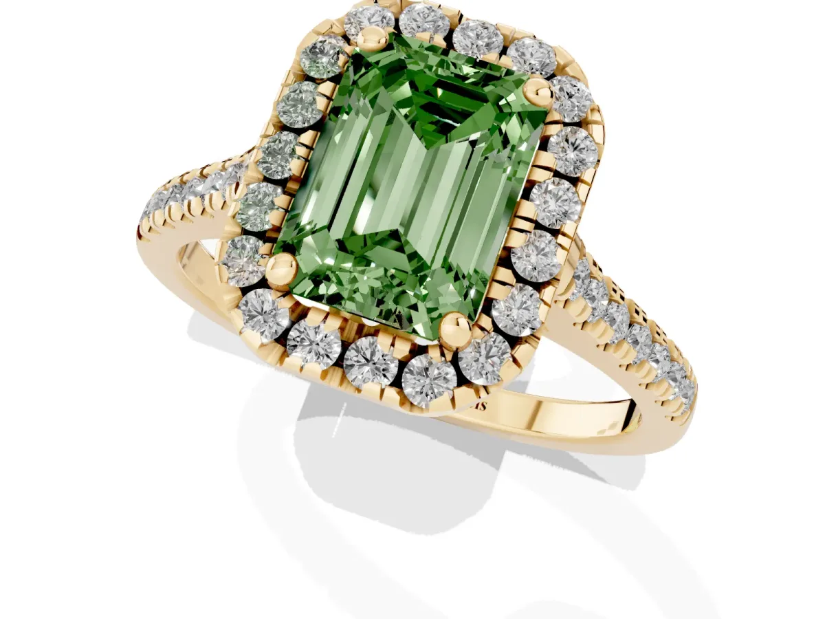 Fancy Green Emerald Cut Diamond Cushion Halo Ring with Pavé Band Yellow gold