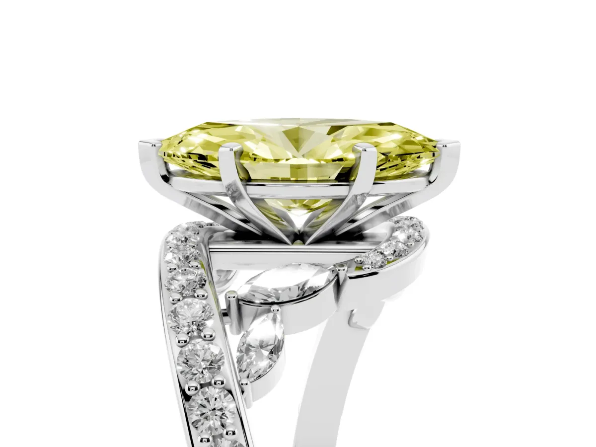 Fancy Yellow Marquise Cut Solitaire with Pavé Twist Band and Four-Prong Setting Platinum