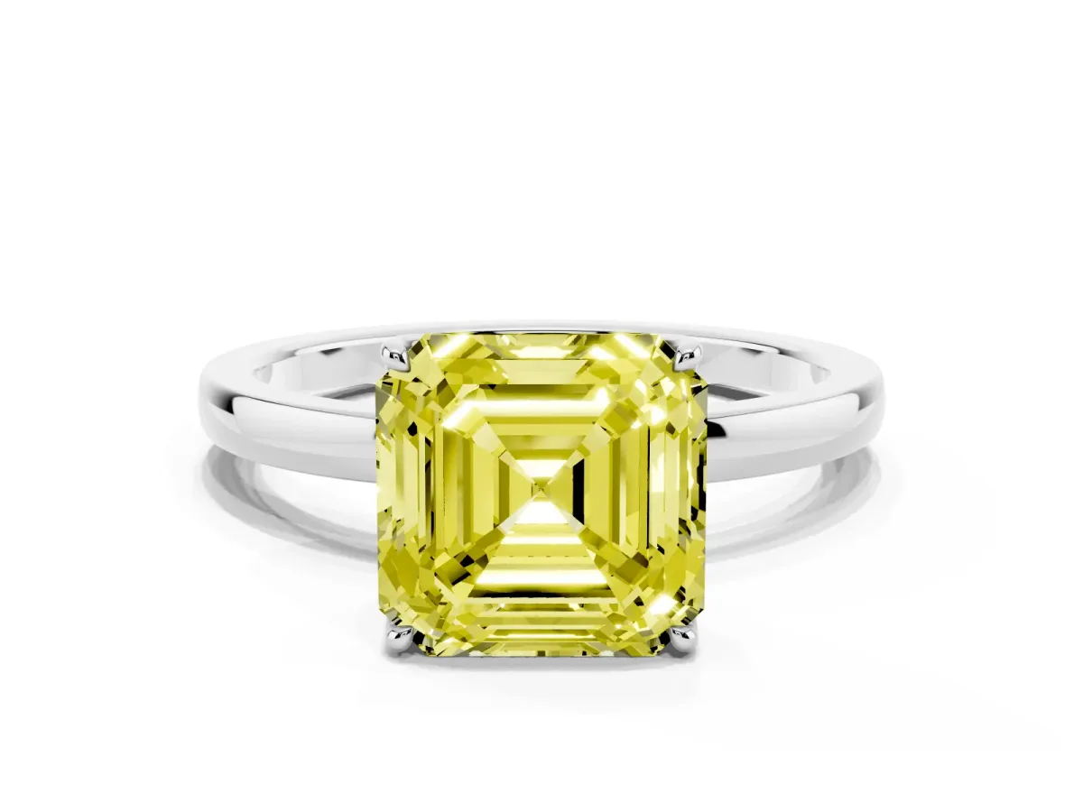 Fancy Yellow Asscher Cut Diamond Solitaire Ring with Thin Band and Prong Setting Silver