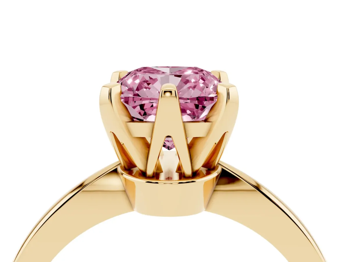 Fancy Pink Cushion Cut Solitaire Engagement Ring with Six-Prong Setting and Tapered Band Yellow gold