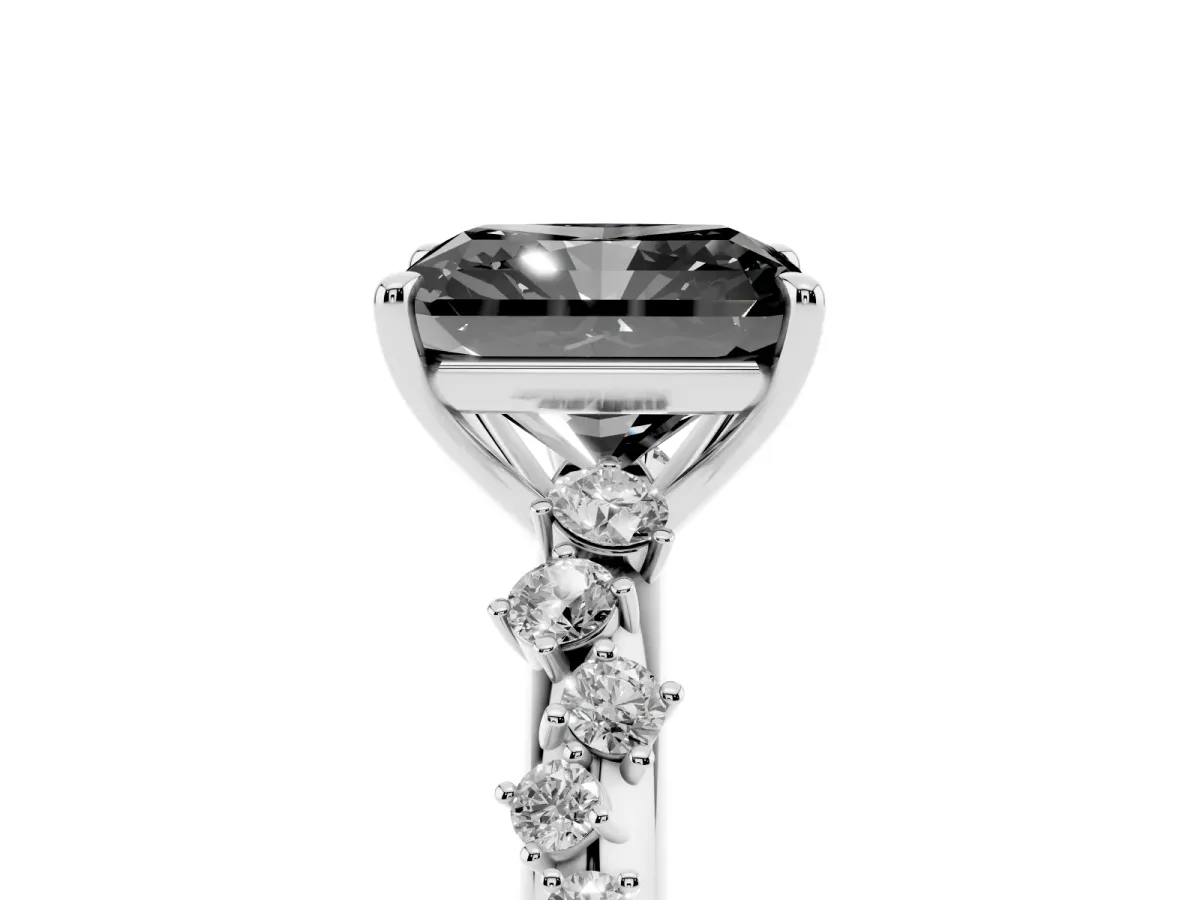Fancy Black Radiant Cut Diamond Cluster Side Stone Solitaire Ring with Prong Setting Silver