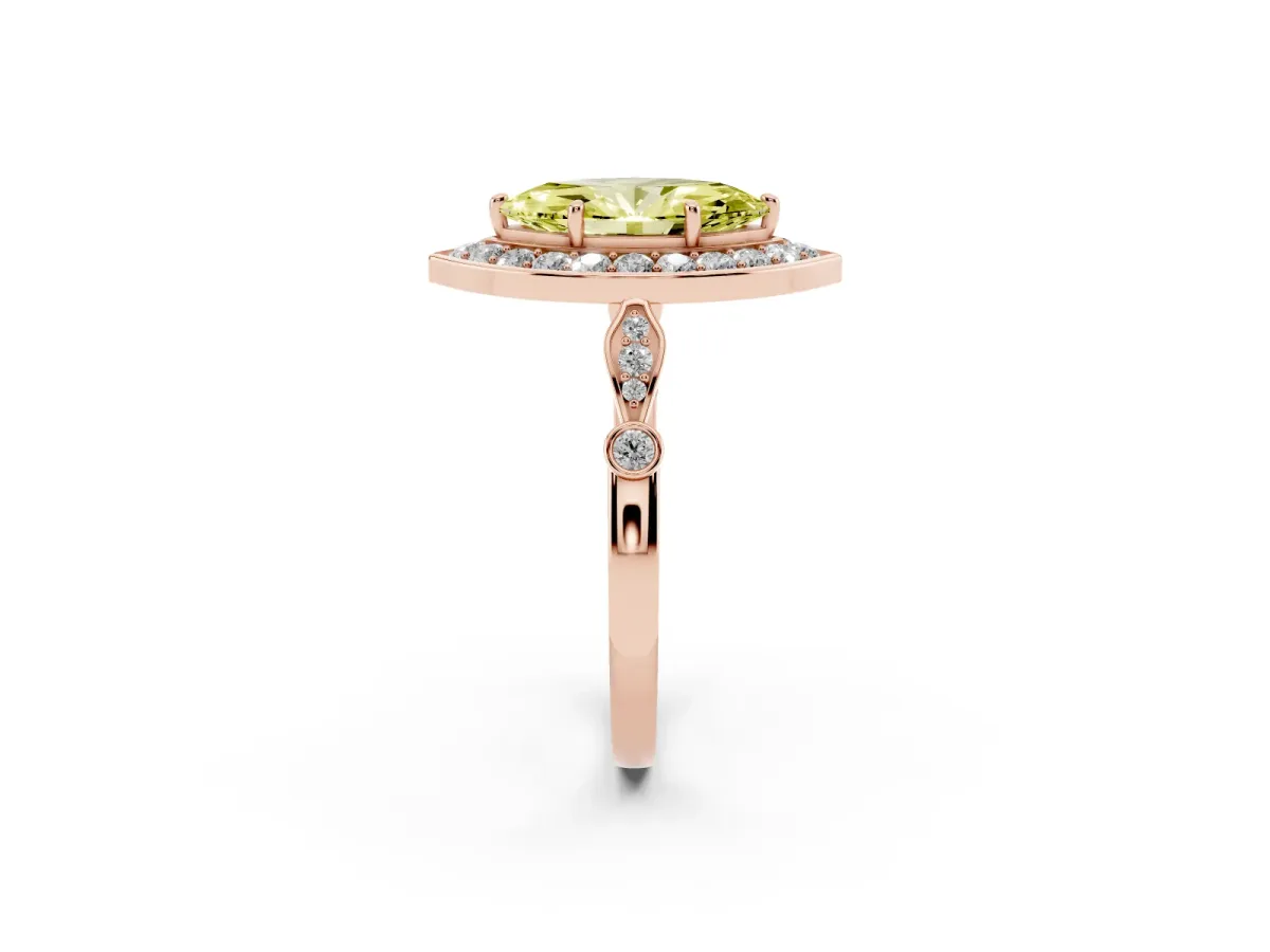 Fancy Yellow Marquise Cut Halo Diamond Engagement Ring with Twisted Band and Four-Prong Setting Rose gold