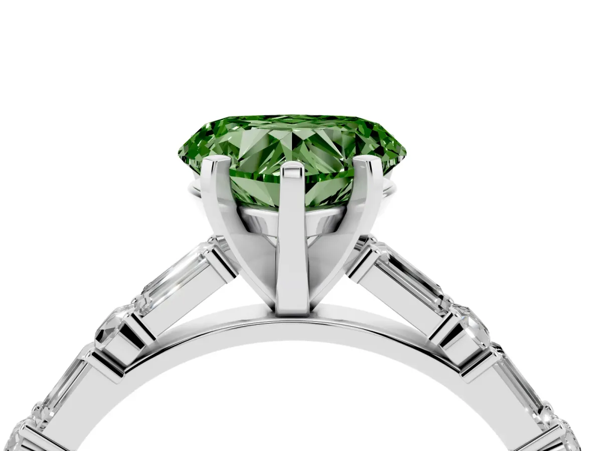 Fancy Green Heart Cut Diamond Solitaire with Side Baguettes and Channel Set Band White gold
