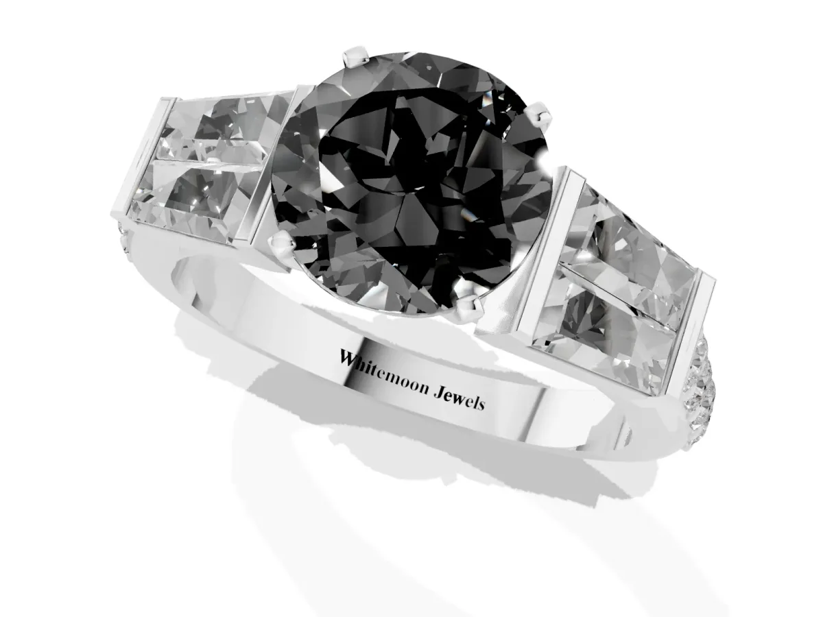 Fancy Black Round Cut Diamond Engagement Ring with Baguette Side Stones and Channel Set Band Platinum