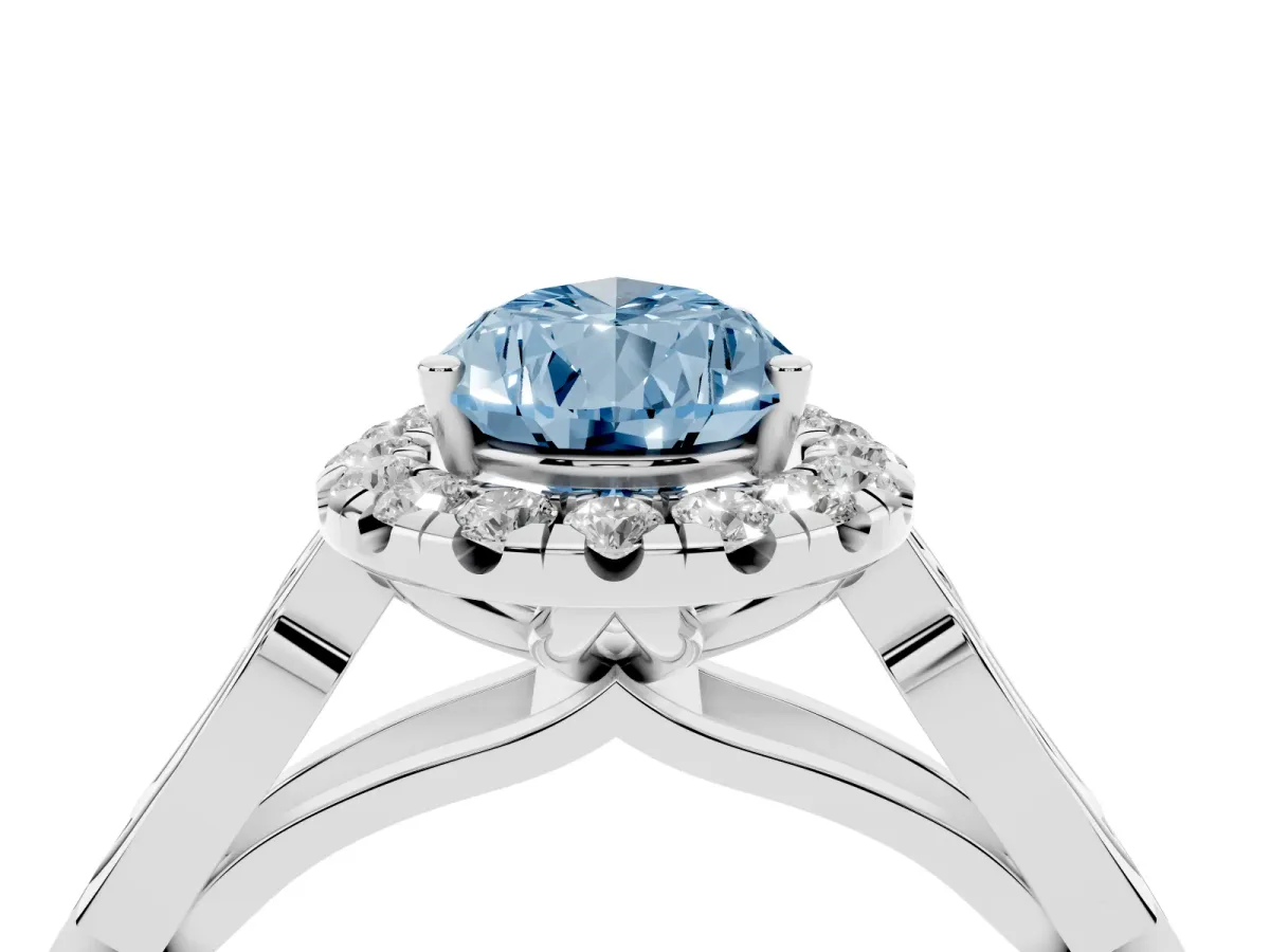 Fancy Blue Pear Cut Halo Diamond Engagement Ring with Filigree Band and Four-Prong Setting Platinum