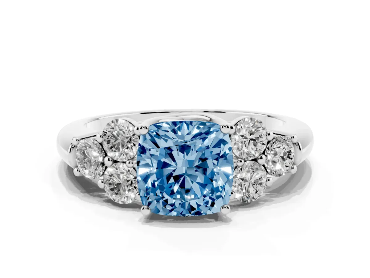Fancy Blue Cushion Cut Cut Diamond Cluster Ring with Round Accent Stones and Prong Setting on a Classic Band White gold