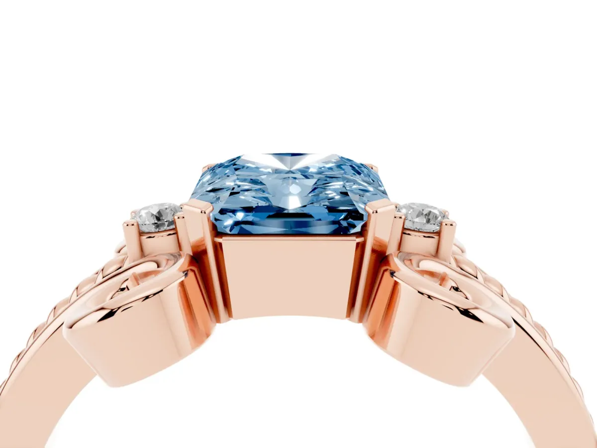 Fancy Blue Radiant Cut Solitaire Twisted Band Scroll Prong Ring Rose gold