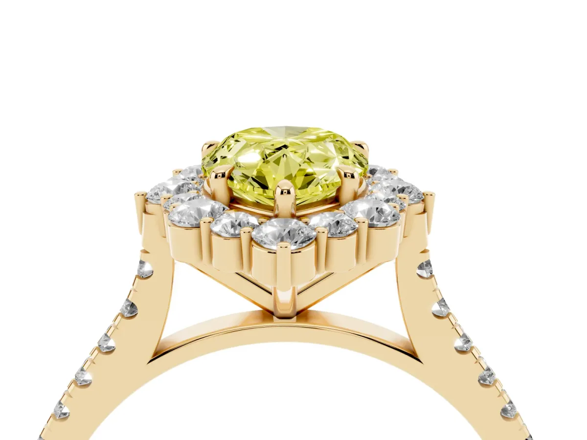 Fancy Yellow Pear Cut Halo Diamond Ring with Pavé Band and Prong Setting Yellow gold