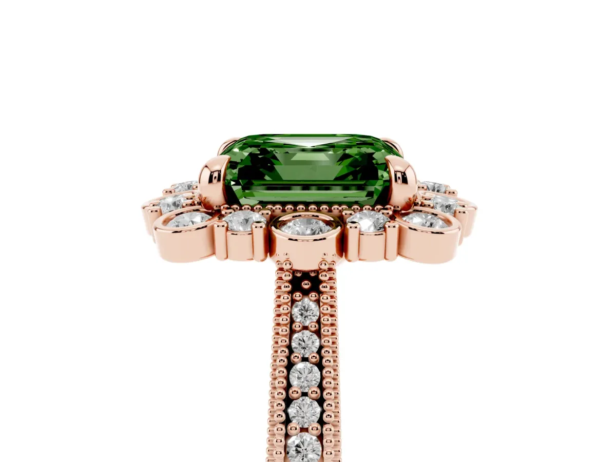 Fancy Green Asscher Cut Halo Milgrain Pave Diamond Ring with Four-Prong Setting Rose gold