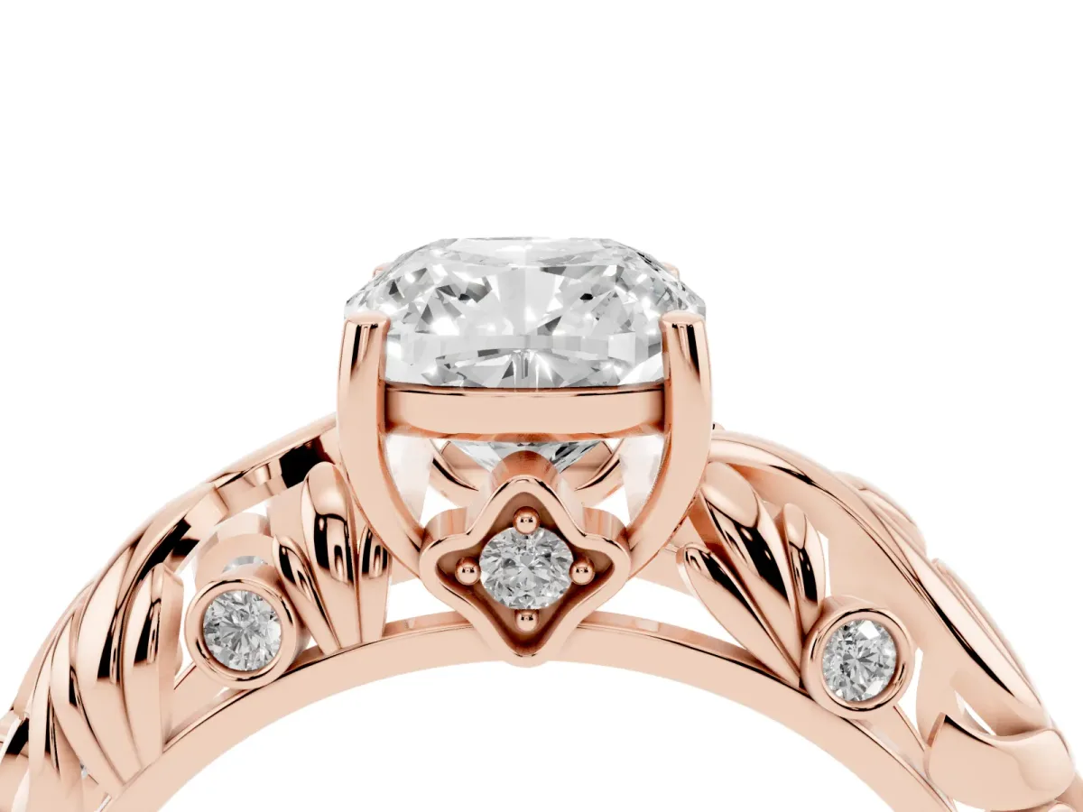 Cushion Cut Solitaire Diamond Leaf-Inspired Vine Band Ring with Prong Setting Rose gold