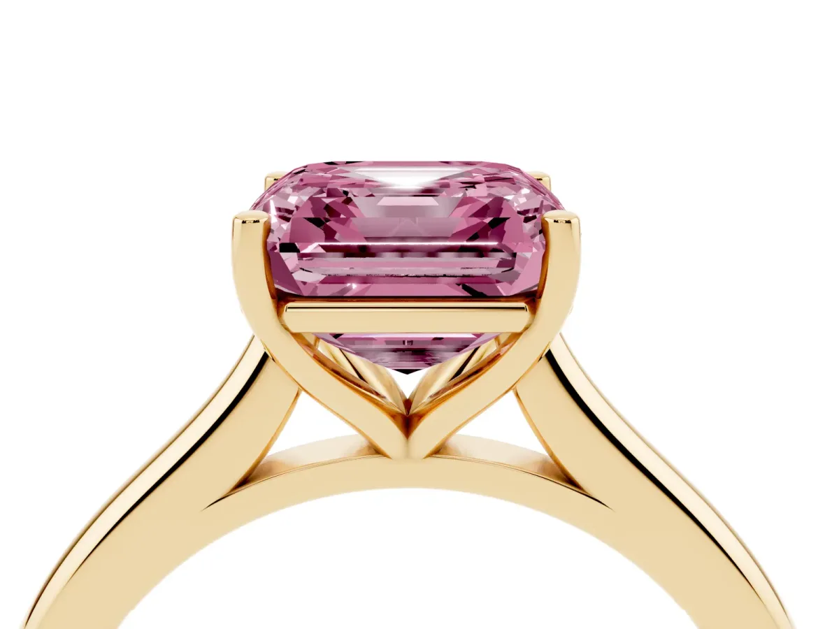 Fancy Pink Asscher Cut Cut Solitaire Ring with Cathedral Band and Four-Prong Setting Yellow gold