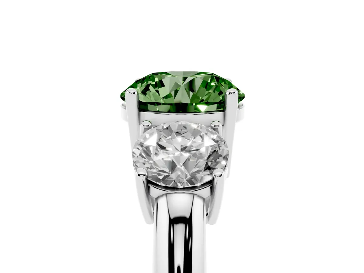 Fancy Green Three-Stone Round Cut Cut Diamond Engagement Ring with Prong Setting on a White Gold Band Silver