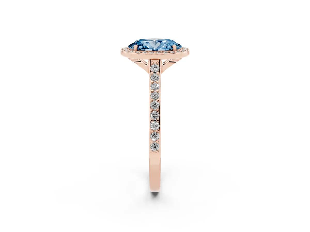 Fancy Blue Oval Cut Diamond Halo Engagement Ring with Round Pavé Shoulders and Prong Setting Rose gold