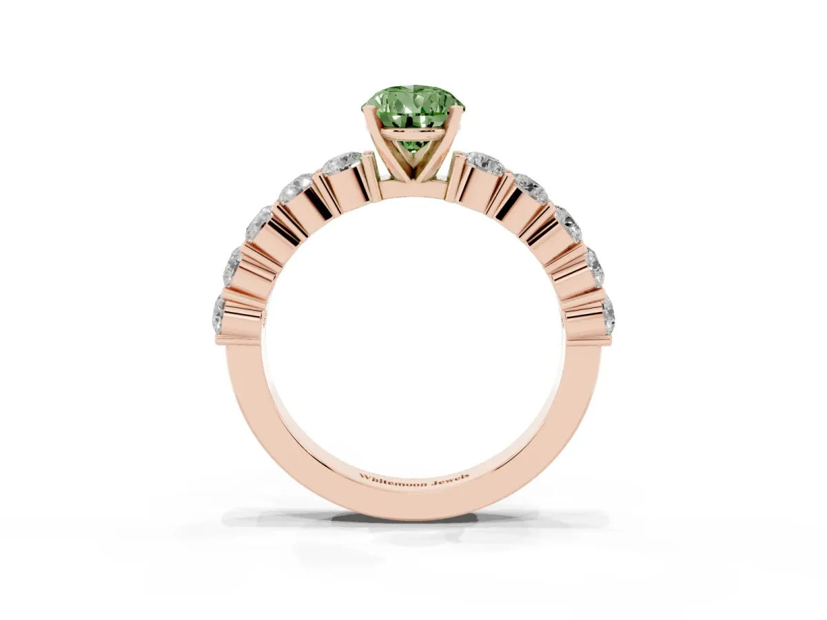 Fancy Green Pear Cut Diamond Solitaire Ring with Shared Prong Round Side Stones Rose gold