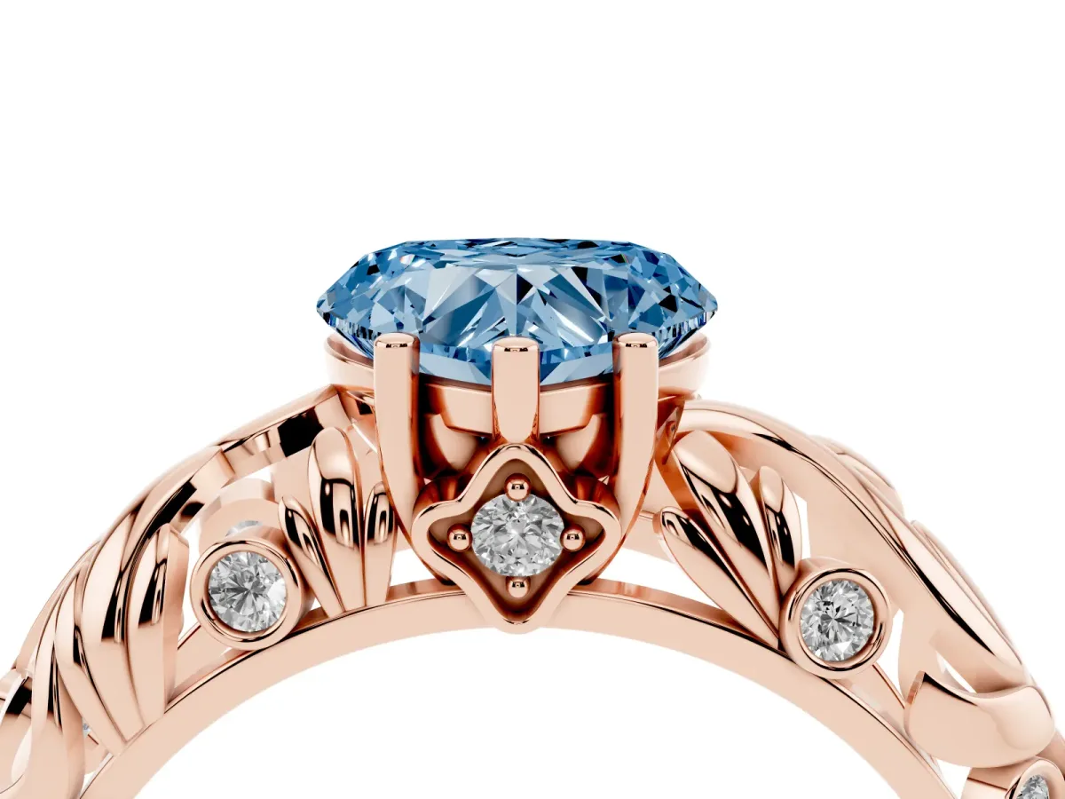 Fancy Blue Heart Cut Solitaire Diamond Leaf-Inspired Vine Band Ring with Prong Setting Rose gold