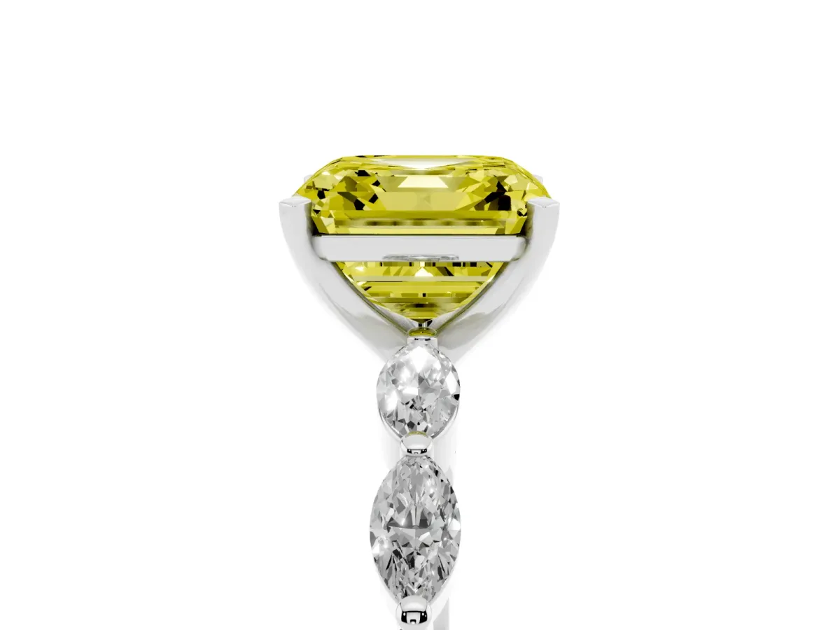 Fancy Yellow Asscher Cut Diamond Ring with Marquise Side Stones and Prong Setting Platinum