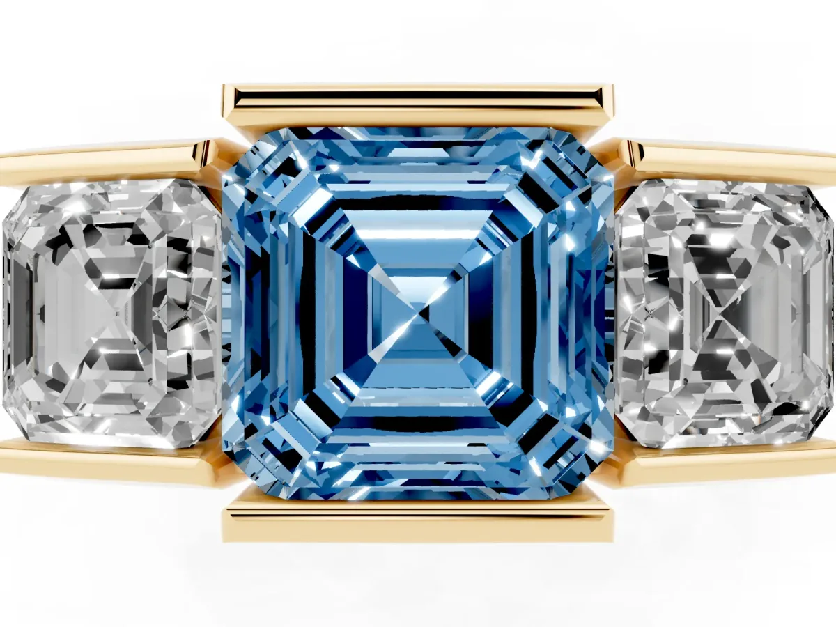 Fancy Blue Three Stone Asscher Cut Cut Channel Set Diamond Ring Yellow gold