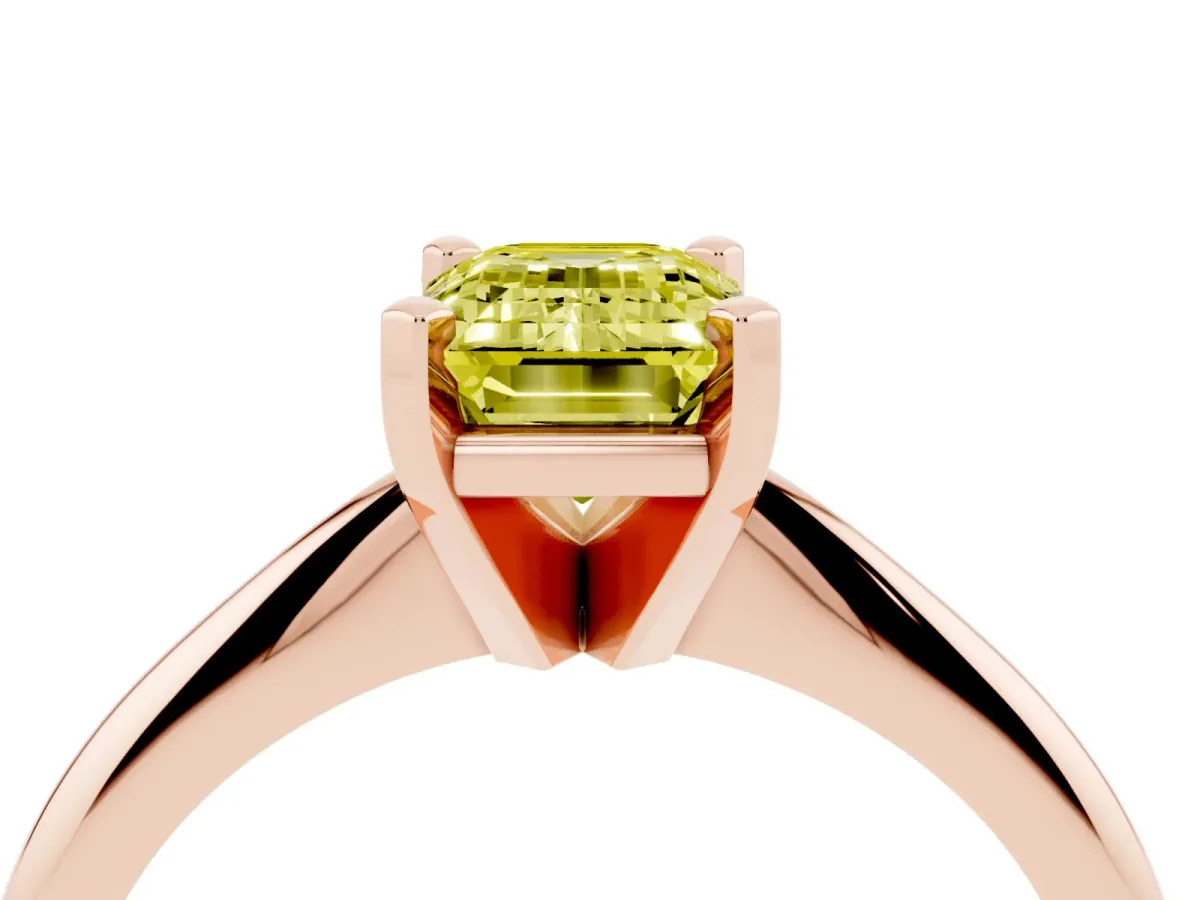 Fancy Yellow Emerald Cut Cut Solitaire Ring with Four-Prong Setting on a Classic Band Rose gold